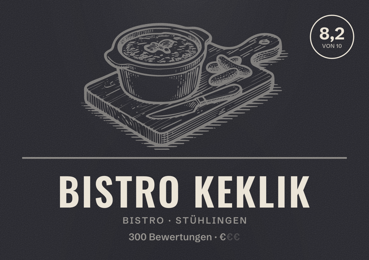 Illustriertes Poster von Bistro Keklik, Bistro in Stühlingen: Bewertung 8,2 von 10 aus 300 Bewertungen, Preisniveau €