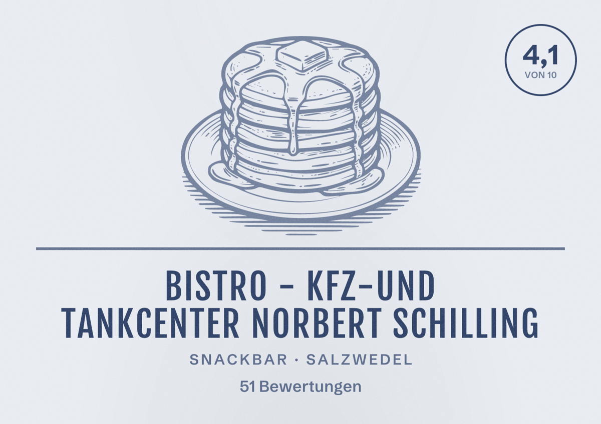 Illustriertes Poster von BISTRO - Kfz-und Tankcenter Norbert Schilling, Snackbar in Salzwedel: Bewertung 4,1 von 10 aus 51 Bewertungen