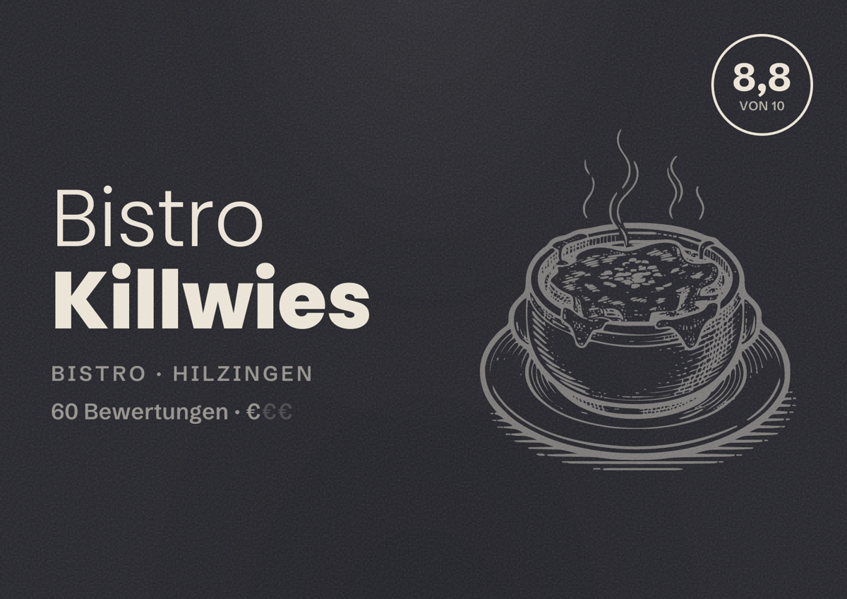 Illustriertes Poster von Bistro Killwies, Bistro in Hilzingen: Bewertung 8,8 von 10 aus 60 Bewertungen, Preisniveau €