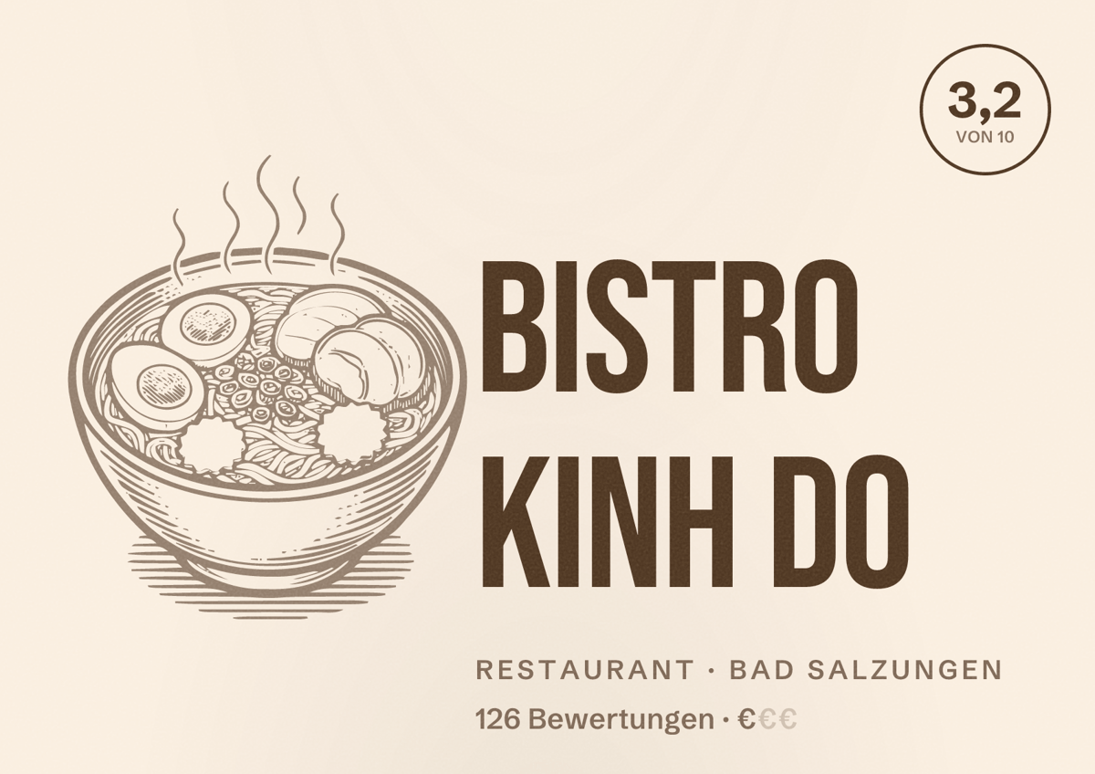 Illustriertes Poster von Bistro Kinh Do, Restaurant in Bad Salzungen: Bewertung 3,2 von 10 aus 126 Bewertungen, Preisniveau €