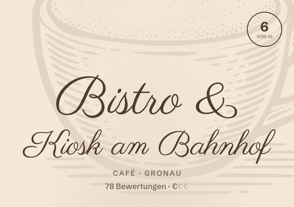 Illustriertes Poster von Bistro & Kiosk am Bahnhof, Café in Gronau: Bewertung 6 von 10 aus 78 Bewertungen, Preisniveau €
