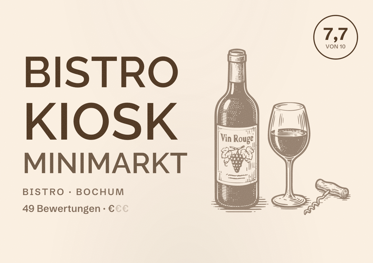 Illustriertes Poster von Bistro Kiosk Minimarkt, Bistro in Bochum: Bewertung 7,7 von 10 aus 49 Bewertungen, Preisniveau €