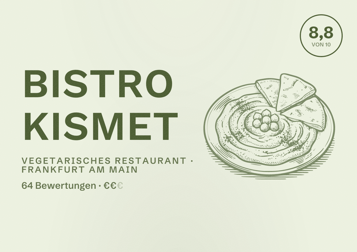 Illustriertes Poster von Bistro Kismet, Vegetarisches Restaurant in Frankfurt am Main: Bewertung 8,8 von 10 aus 64 Bewertungen, Preisniveau €€