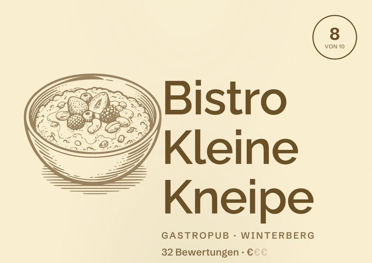 Illustriertes Poster von Bistro Kleine Kneipe, Gastropub in Winterberg: Bewertung 8 von 10 aus 32 Bewertungen, Preisniveau €