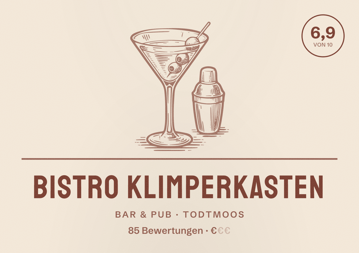 Illustriertes Poster von Bistro Klimperkasten, Bar & Pub in Todtmoos: Bewertung 6,9 von 10 aus 85 Bewertungen, Preisniveau €