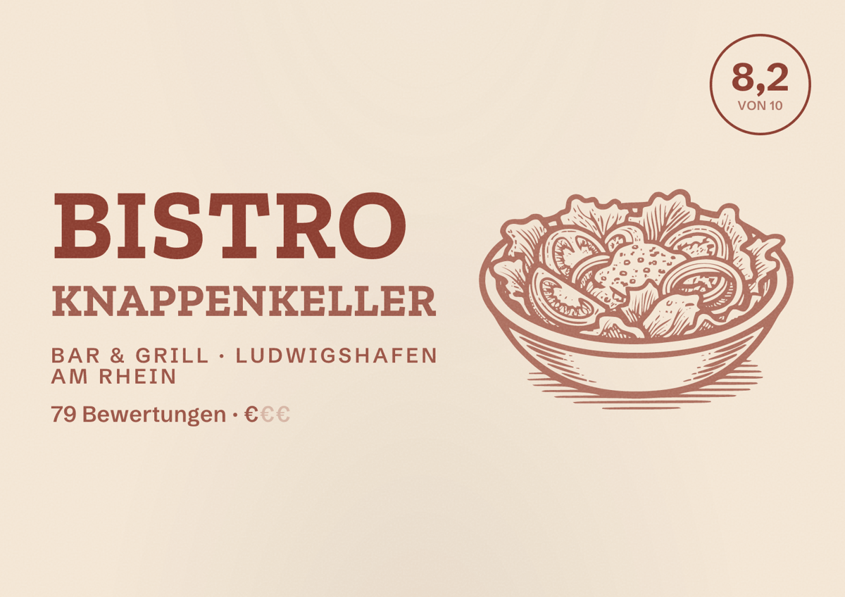 Illustriertes Poster von Bistro Knappenkeller, Bar & Grill in Ludwigshafen am Rhein: Bewertung 8,2 von 10 aus 79 Bewertungen, Preisniveau €