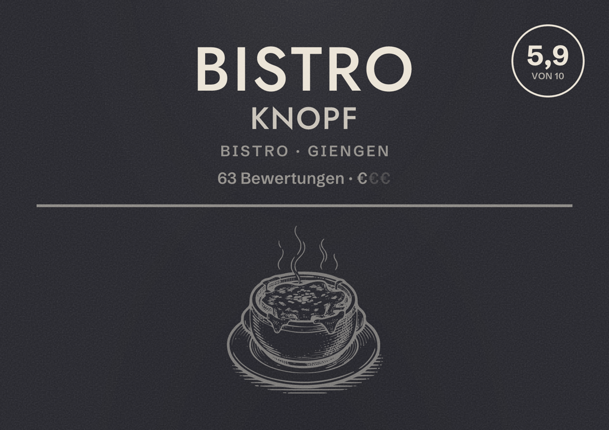 Illustriertes Poster von Bistro Knopf, Bistro in Giengen: Bewertung 5,9 von 10 aus 63 Bewertungen, Preisniveau €