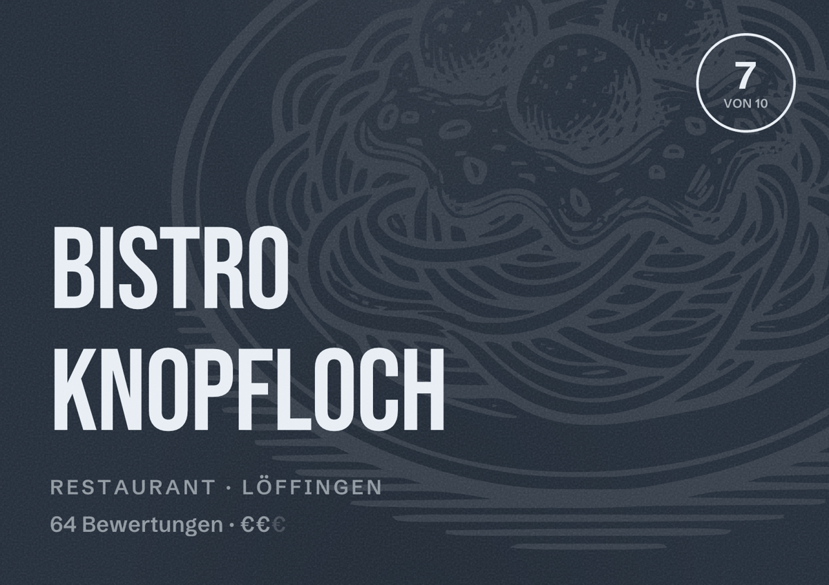 Illustriertes Poster von Bistro Knopfloch, Restaurant in Löffingen: Bewertung 7 von 10 aus 64 Bewertungen, Preisniveau €€