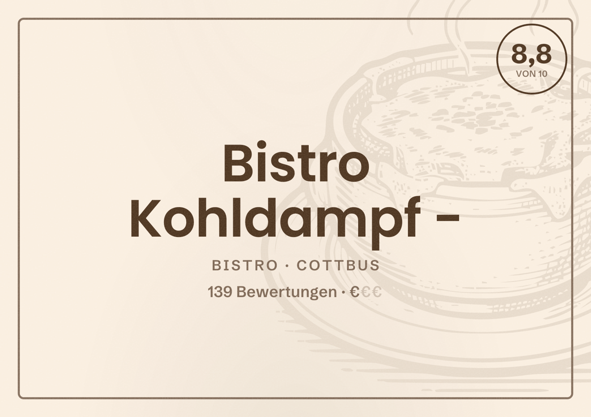Illustriertes Poster von Bistro Kohldampf -, Bistro in Cottbus: Bewertung 8,8 von 10 aus 139 Bewertungen, Preisniveau €