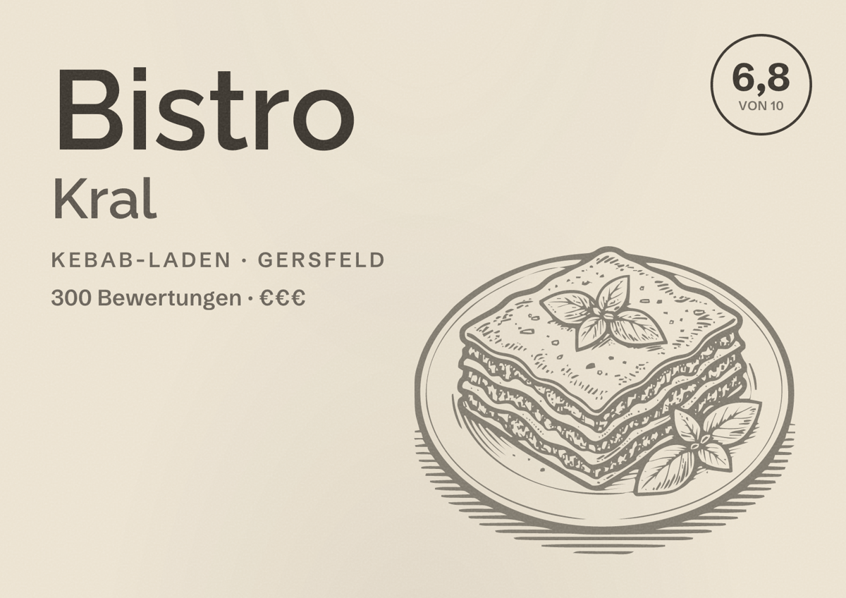 Illustriertes Poster von Bistro Kral, Kebab-Laden in Gersfeld: Bewertung 6,8 von 10 aus 300 Bewertungen, Preisniveau €€€