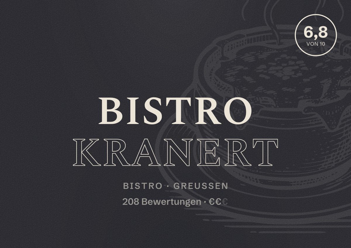 Illustriertes Poster von Bistro Kranert, Bistro in Greußen: Bewertung 6,8 von 10 aus 208 Bewertungen, Preisniveau €€