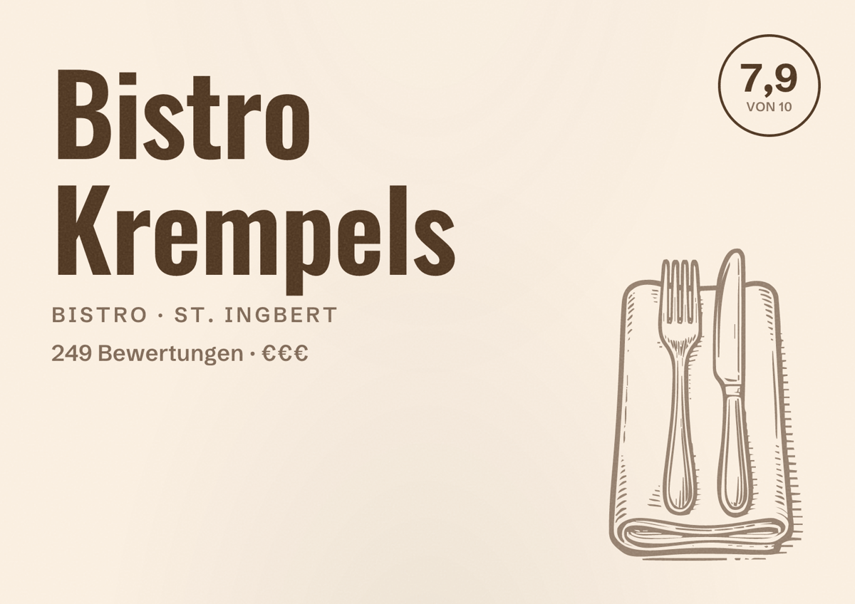 Illustriertes Poster von Bistro Krempels, Bistro in St. Ingbert: Bewertung 7,9 von 10 aus 249 Bewertungen, Preisniveau €€€