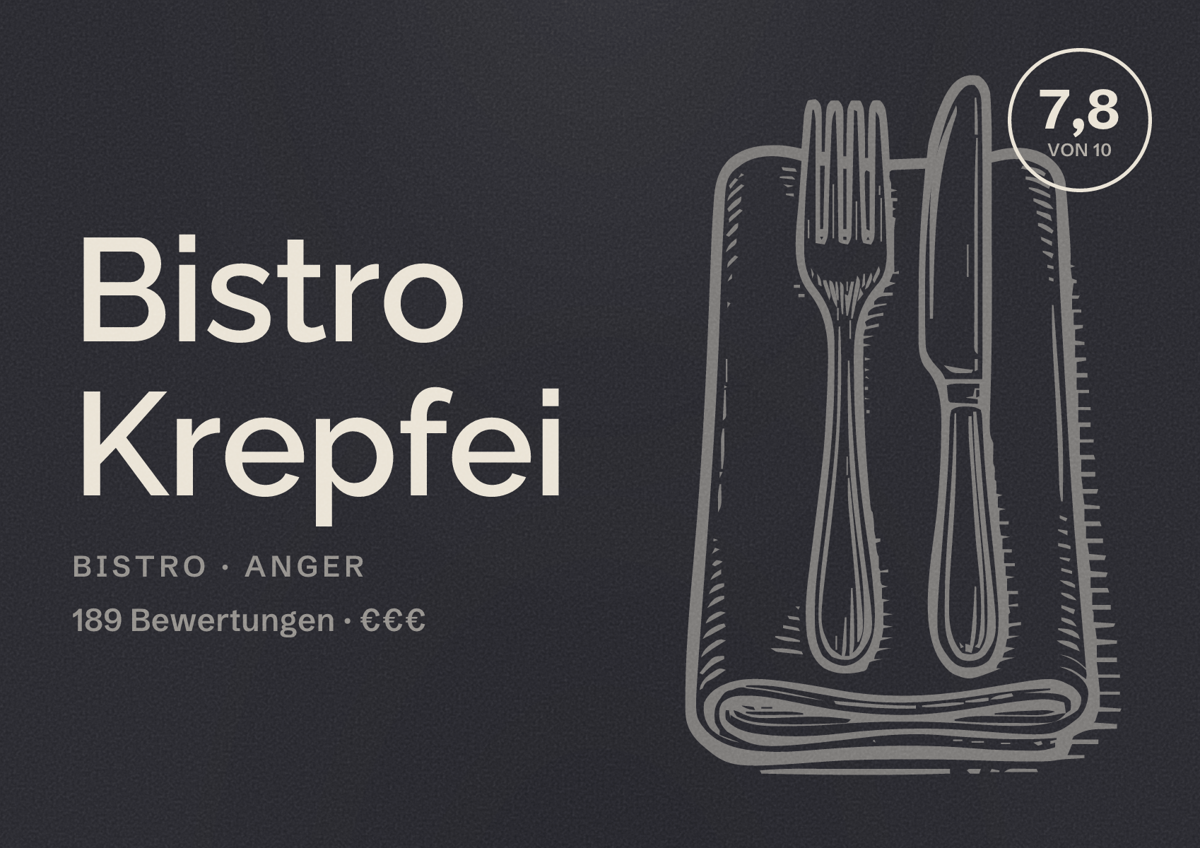 Illustriertes Poster von Bistro Krepfei, Bistro in Anger: Bewertung 7,8 von 10 aus 189 Bewertungen, Preisniveau €€€