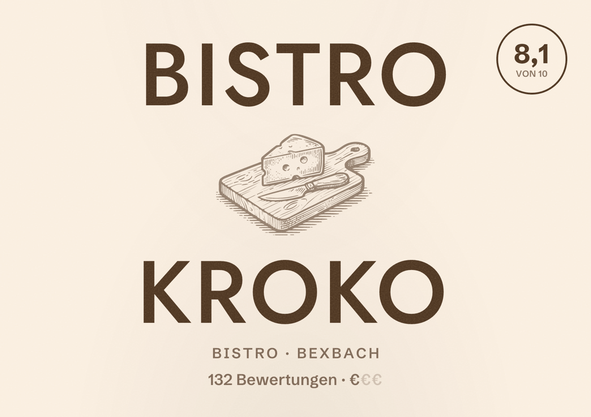 Illustriertes Poster von Bistro Kroko, Bistro in Bexbach: Bewertung 8,1 von 10 aus 132 Bewertungen, Preisniveau €