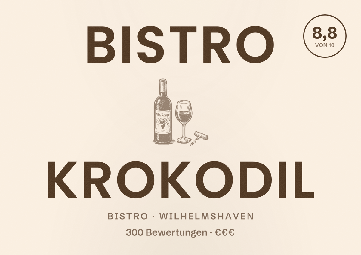 Illustriertes Poster von Bistro Krokodil, Bistro in Wilhelmshaven: Bewertung 8,8 von 10 aus 300 Bewertungen, Preisniveau €€€