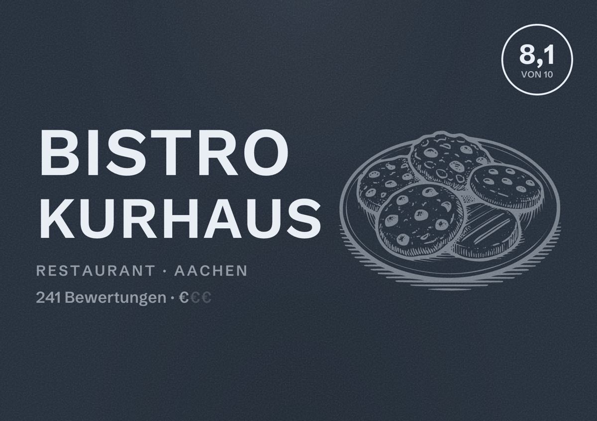 Illustriertes Poster von Bistro Kurhaus, Restaurant in Aachen: Bewertung 8,1 von 10 aus 241 Bewertungen, Preisniveau €