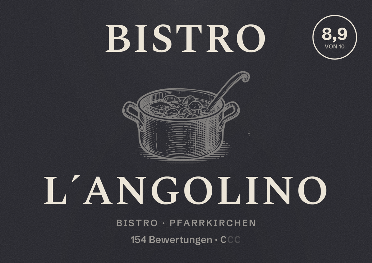 Illustriertes Poster von Bistro L´Angolino, Bistro in Pfarrkirchen: Bewertung 8,9 von 10 aus 154 Bewertungen, Preisniveau €