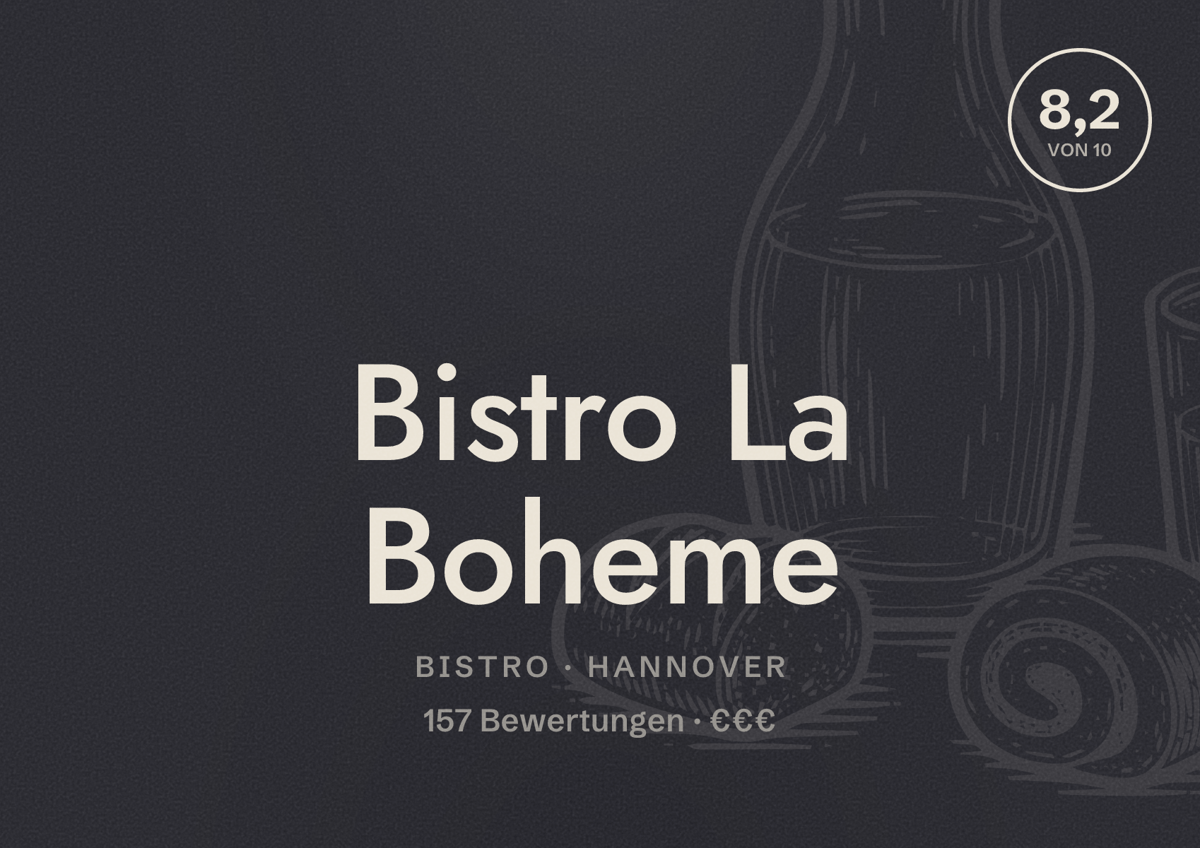 Illustriertes Poster von Bistro La Boheme, Bistro in Hannover: Bewertung 8,2 von 10 aus 157 Bewertungen, Preisniveau €€€