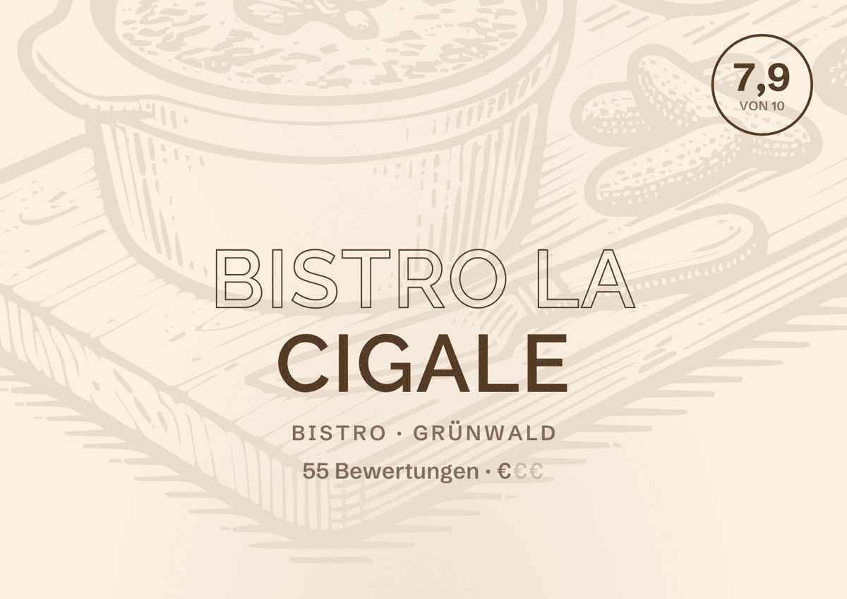 Illustriertes Poster von Bistro La Cigale, Bistro in Grünwald: Bewertung 7,9 von 10 aus 55 Bewertungen, Preisniveau €