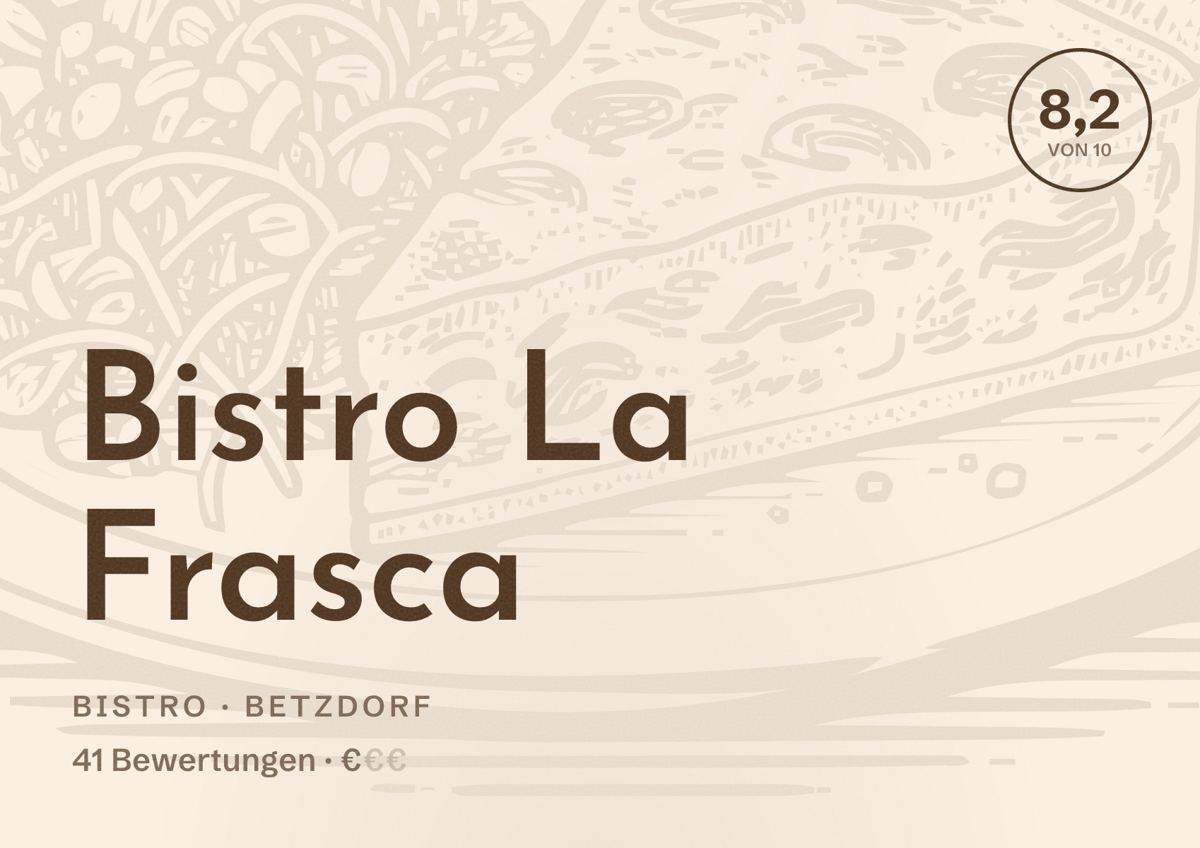 Illustriertes Poster von Bistro La Frasca, Bistro in Betzdorf: Bewertung 8,2 von 10 aus 41 Bewertungen, Preisniveau €