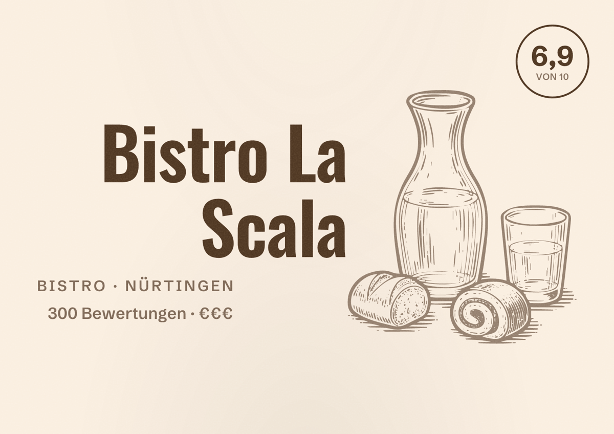 Illustriertes Poster von Bistro La Scala, Bistro in Nürtingen: Bewertung 6,9 von 10 aus 300 Bewertungen, Preisniveau €€€