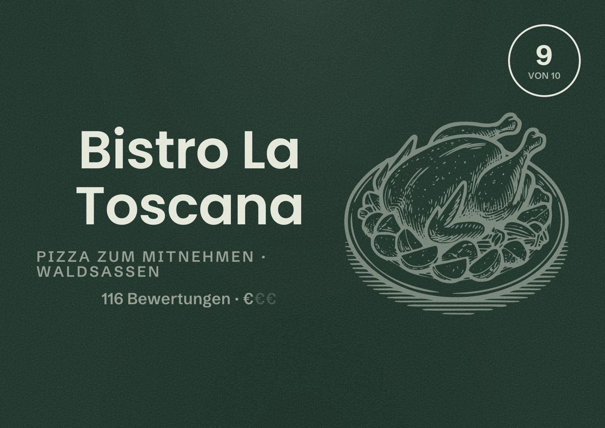 Illustriertes Poster von Bistro La Toscana, Pizza zum Mitnehmen in Waldsassen: Bewertung 9 von 10 aus 116 Bewertungen, Preisniveau €
