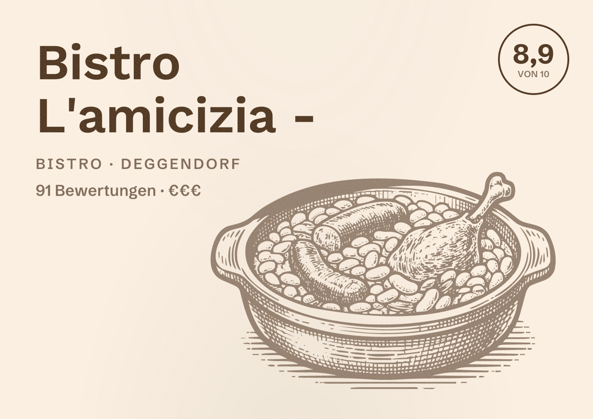 Illustriertes Poster von Bistro L'amicizia -, Bistro in Deggendorf: Bewertung 8,9 von 10 aus 91 Bewertungen, Preisniveau €€€
