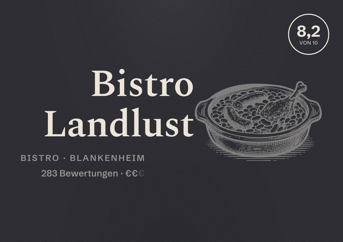 Illustriertes Poster von Bistro Landlust, Bistro in Blankenheim: Bewertung 8,2 von 10 aus 283 Bewertungen, Preisniveau €€