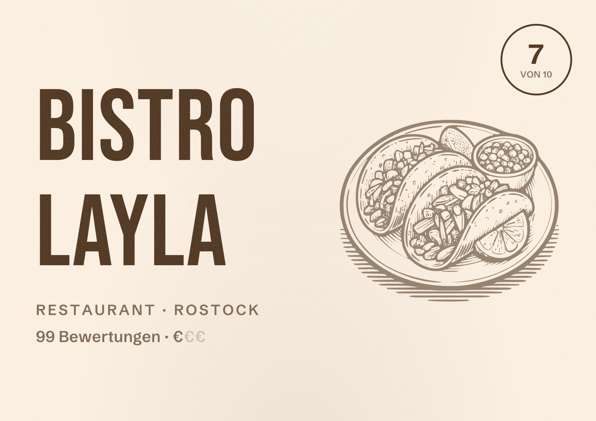 Illustriertes Poster von Bistro Layla, Restaurant in Rostock: Bewertung 7 von 10 aus 99 Bewertungen, Preisniveau €