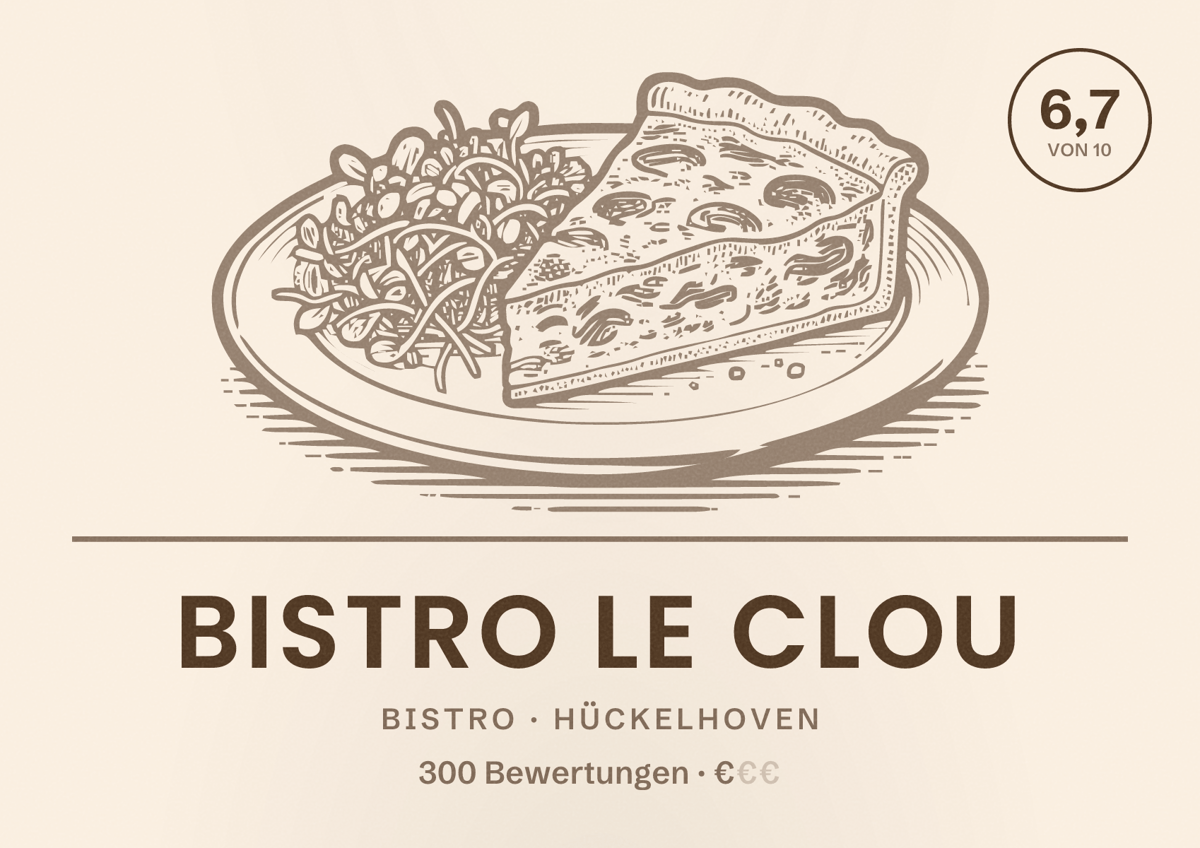 Illustriertes Poster von Bistro Le Clou, Bistro in Hückelhoven: Bewertung 6,7 von 10 aus 300 Bewertungen, Preisniveau €