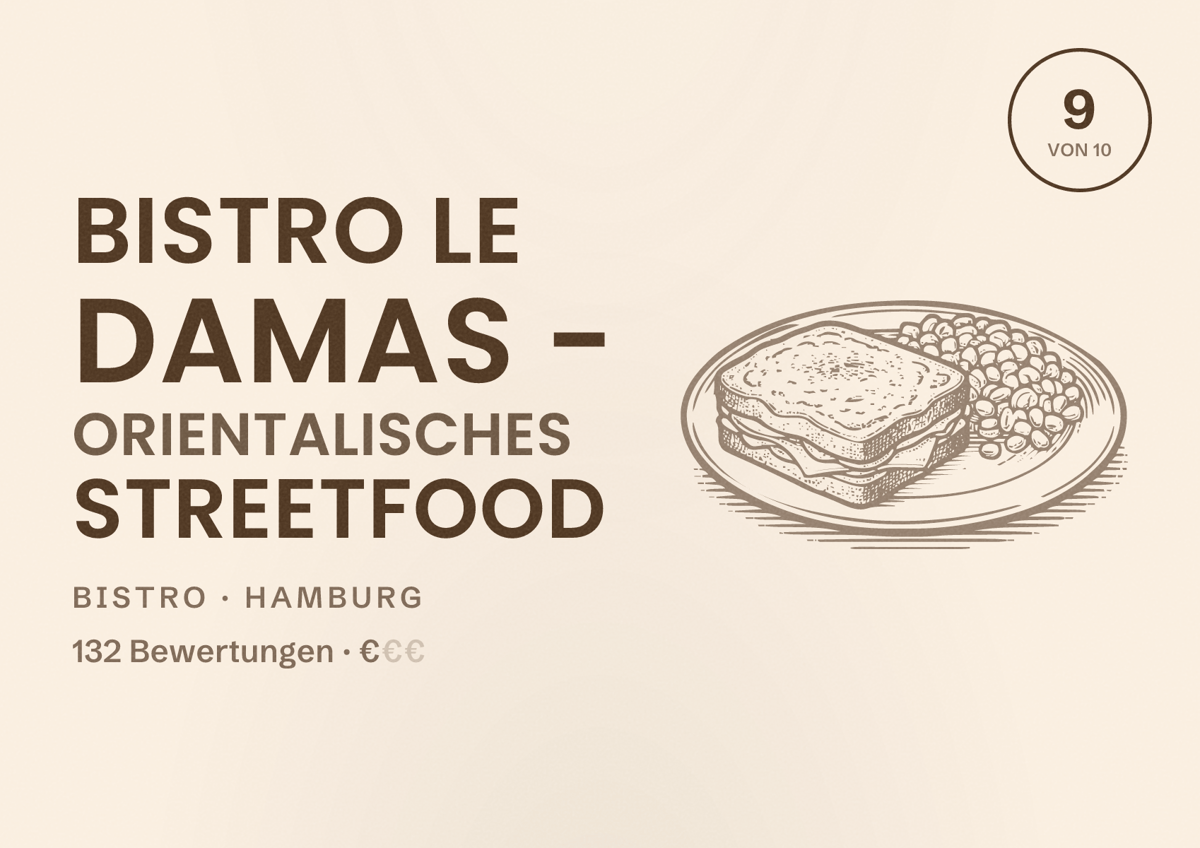 Illustriertes Poster von Bistro Le Damas - Orientalisches Streetfood, Bistro in Hamburg: Bewertung 9,0 von 10 aus 132 Bewertungen, Preisniveau €