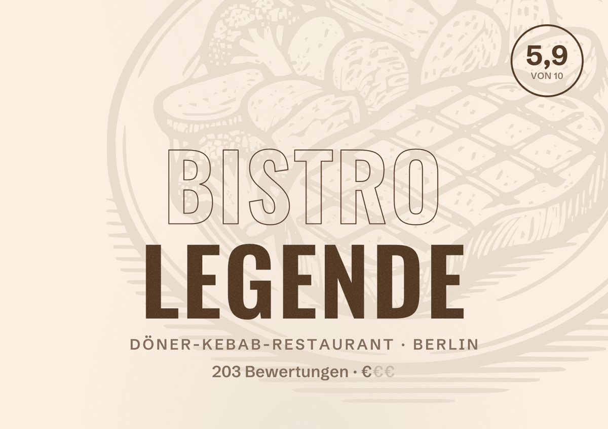 Illustriertes Poster von Bistro Legende, Döner-Kebab-Restaurant in Berlin: Bewertung 5,9 von 10 aus 203 Bewertungen, Preisniveau €