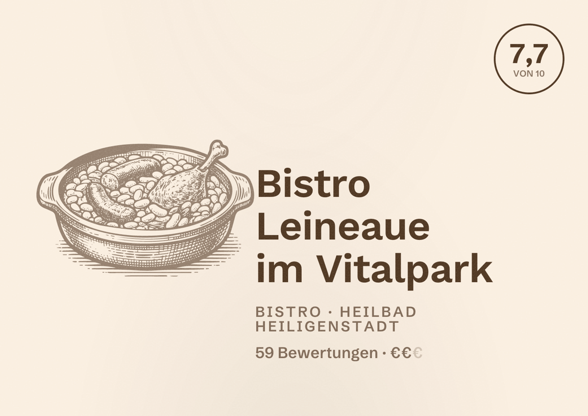 Illustriertes Poster von Bistro Leineaue im Vitalpark, Bistro in Heilbad Heiligenstadt: Bewertung 7,7 von 10 aus 59 Bewertungen, Preisniveau €€