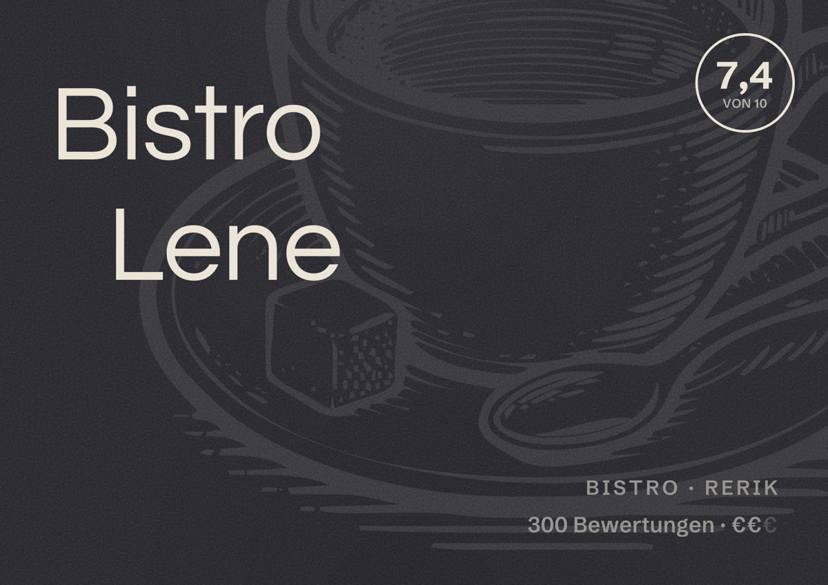 Illustriertes Poster von Bistro Lene, Bistro in Rerik: Bewertung 7,4 von 10 aus 300 Bewertungen, Preisniveau €€