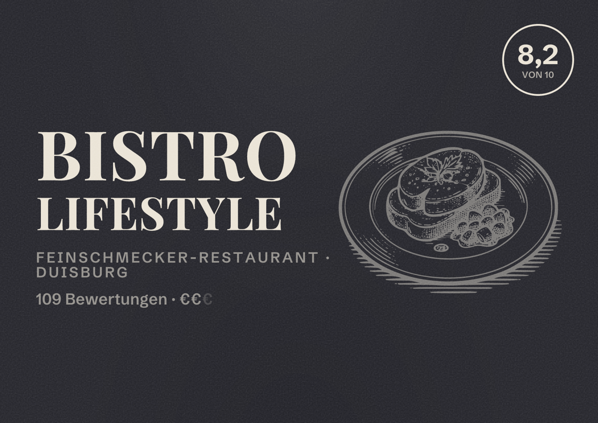 Illustriertes Poster von Bistro Lifestyle, Feinschmecker-Restaurant in Duisburg: Bewertung 8,2 von 10 aus 109 Bewertungen, Preisniveau €€