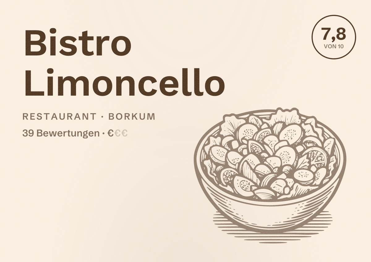 Illustriertes Poster von Bistro Limoncello, Restaurant in Borkum: Bewertung 7,8 von 10 aus 39 Bewertungen, Preisniveau €