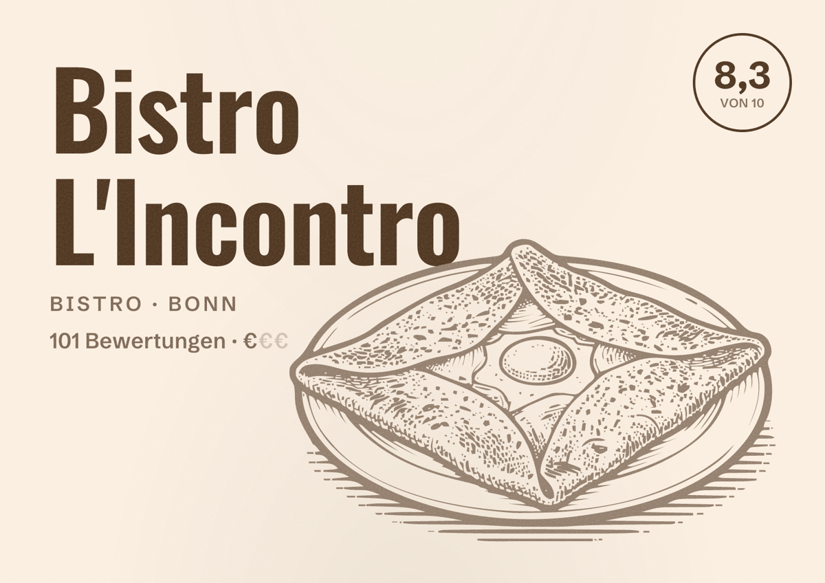 Illustriertes Poster von Bistro L'Incontro, Bistro in Bonn: Bewertung 8,3 von 10 aus 101 Bewertungen, Preisniveau €
