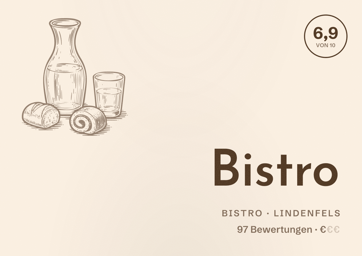 Illustriertes Poster von Bistro, Bistro in Lindenfels: Bewertung 6,9 von 10 aus 97 Bewertungen, Preisniveau €