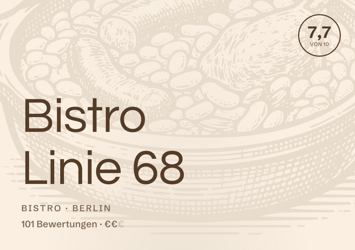 Illustriertes Poster von Bistro Linie 68, Bistro in Berlin: Bewertung 7,7 von 10 aus 101 Bewertungen, Preisniveau €€