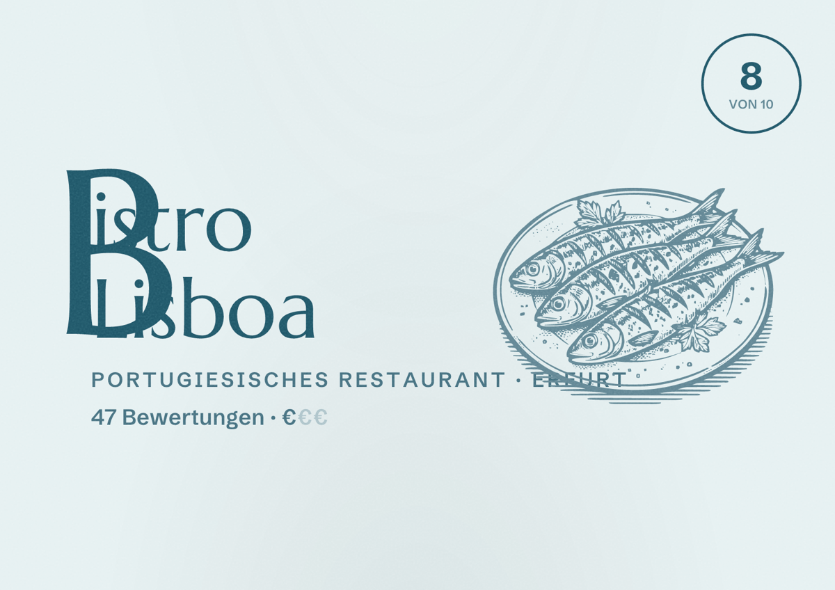 Illustriertes Poster von Bistro Lisboa, Portugiesisches Restaurant in Erfurt: Bewertung 8,0 von 10 aus 47 Bewertungen, Preisniveau €