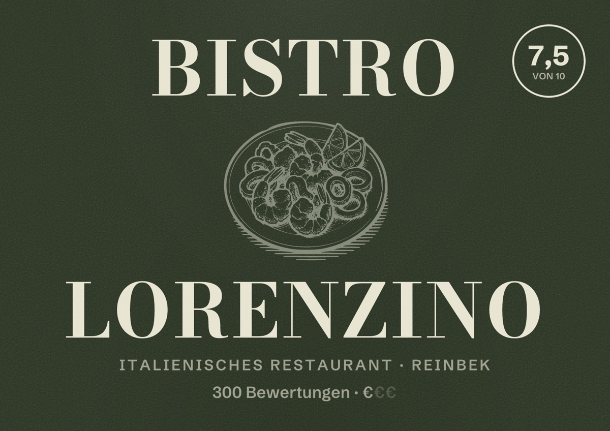 Illustriertes Poster von Bistro Lorenzino, Italienisches Restaurant in Reinbek: Bewertung 7,5 von 10 aus 300 Bewertungen, Preisniveau €