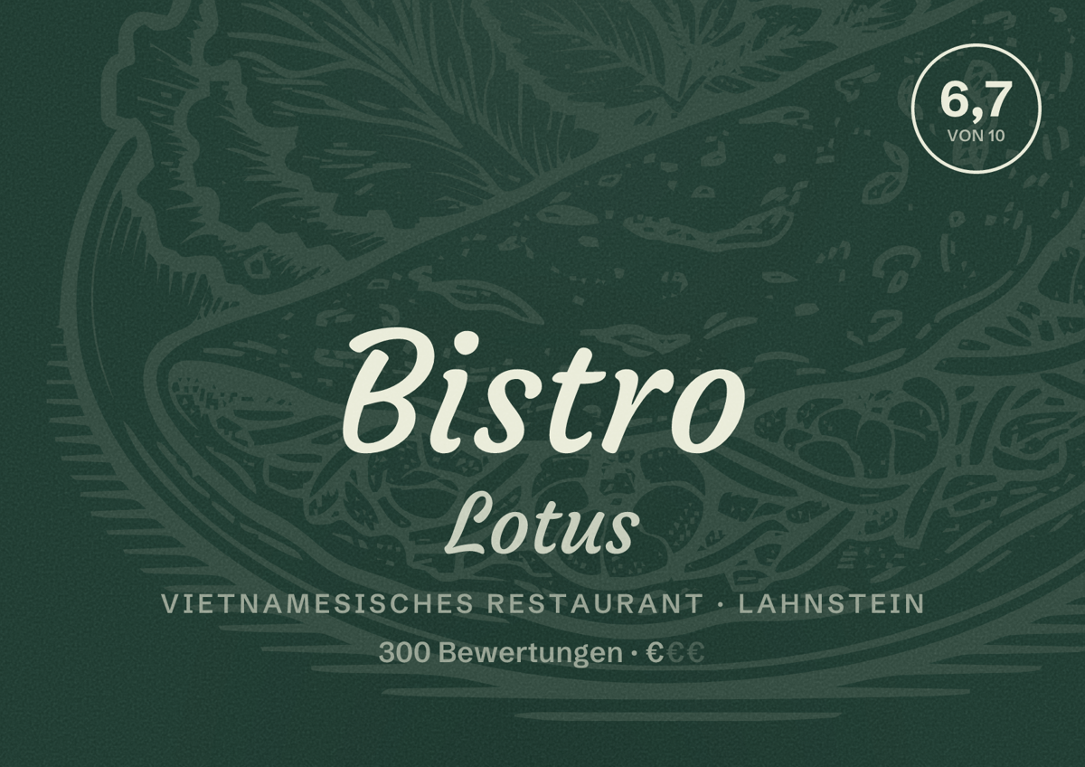 Illustriertes Poster von Bistro Lotus, Vietnamesisches Restaurant in Lahnstein: Bewertung 6,7 von 10 aus 300 Bewertungen, Preisniveau €