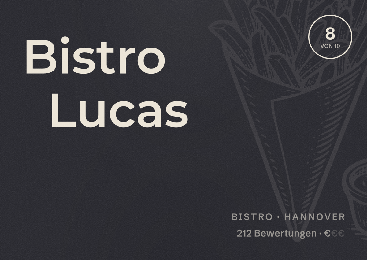 Illustriertes Poster von Bistro Lucas, Bistro in Hannover: Bewertung 8 von 10 aus 212 Bewertungen, Preisniveau €