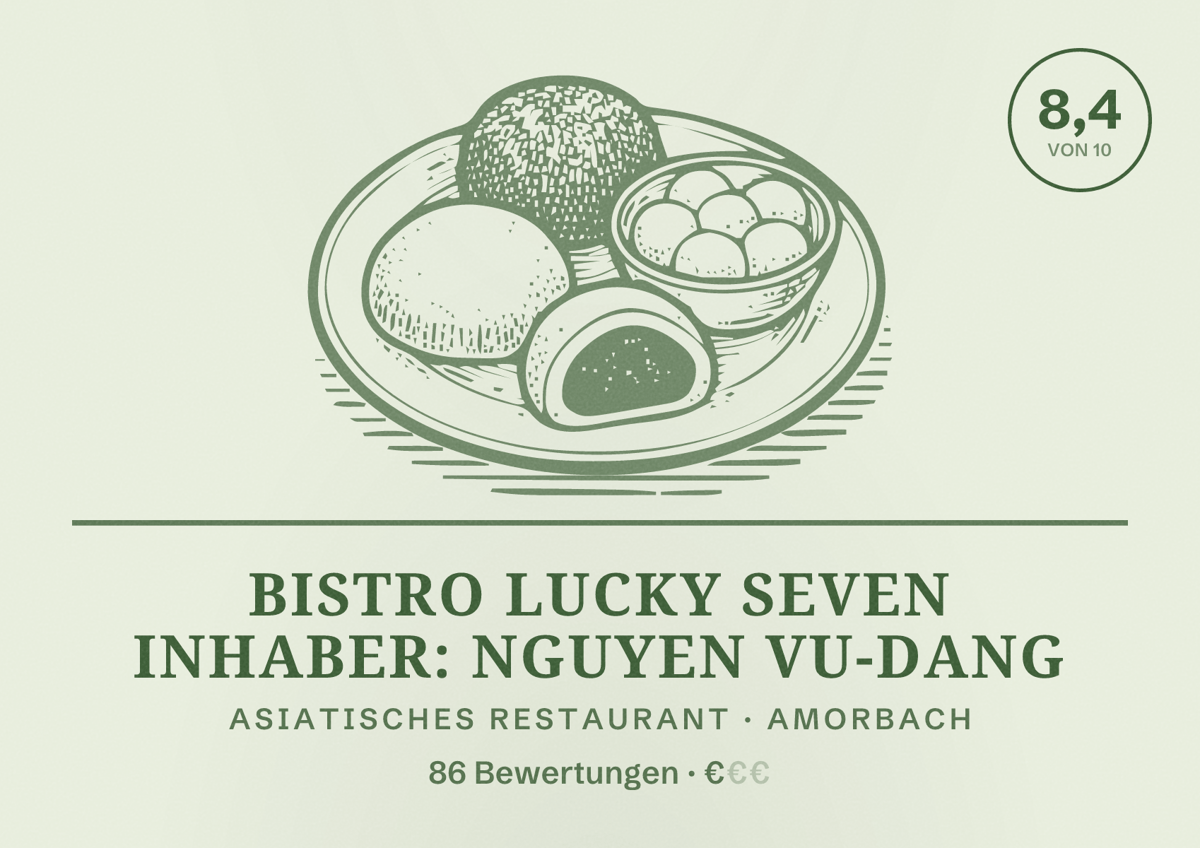 Illustriertes Poster von Bistro Lucky Seven Inhaber: Nguyen Vu-Dang, Asiatisches Restaurant in Amorbach: Bewertung 8,4 von 10 aus 86 Bewertungen, Preisniveau €