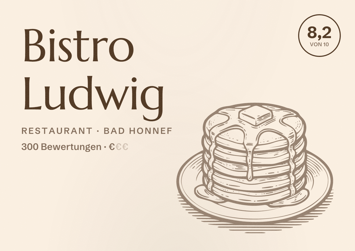 Illustriertes Poster von Bistro Ludwig, Restaurant in Bad Honnef: Bewertung 8,2 von 10 aus 300 Bewertungen, Preisniveau €