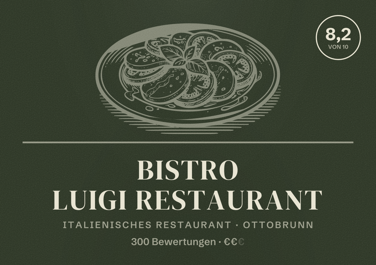 Illustriertes Poster von Bistro Luigi Restaurant, Italienisches Restaurant in Ottobrunn: Bewertung 8,2 von 10 aus 300 Bewertungen, Preisniveau €€
