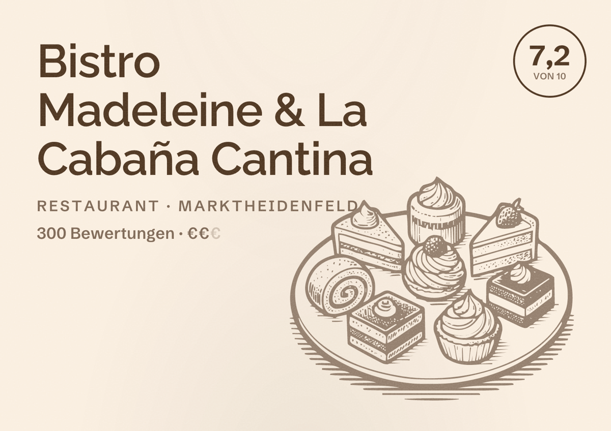 Illustriertes Poster von Bistro Madeleine & La Cabaña Cantina, Restaurant in Marktheidenfeld: Bewertung 7,2 von 10 aus 300 Bewertungen, Preisniveau €€