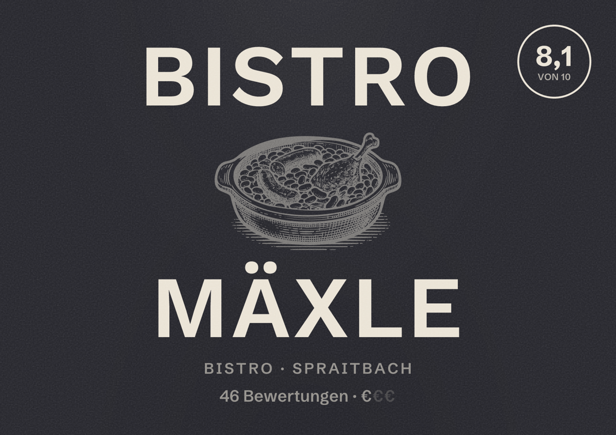 Illustriertes Poster von Bistro Mäxle, Bistro in Spraitbach: Bewertung 8,1 von 10 aus 46 Bewertungen, Preisniveau €