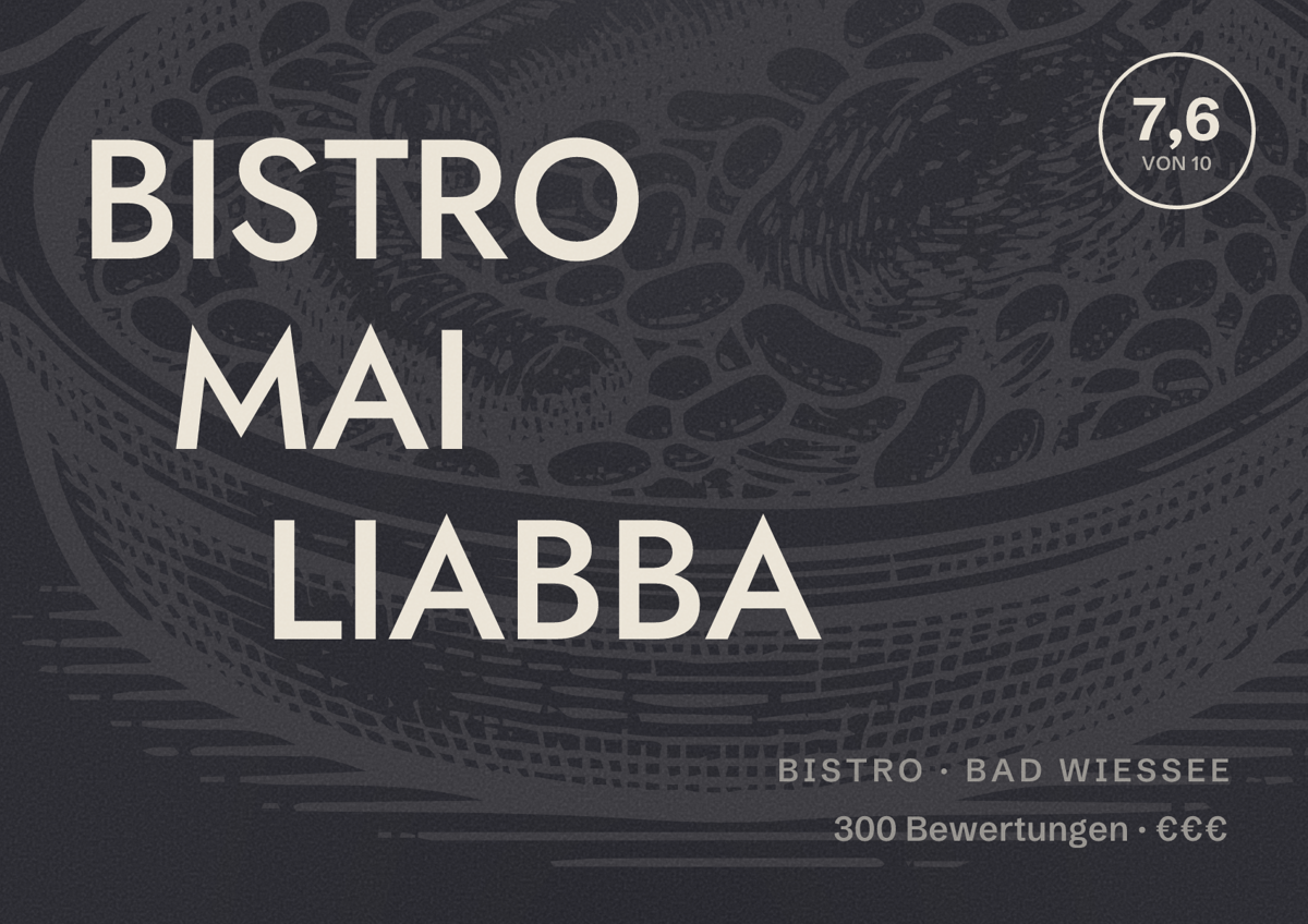 Illustriertes Poster von BISTRO MAI LIABBA, Bistro in Bad Wiessee: Bewertung 7,6 von 10 aus 300 Bewertungen, Preisniveau €€€