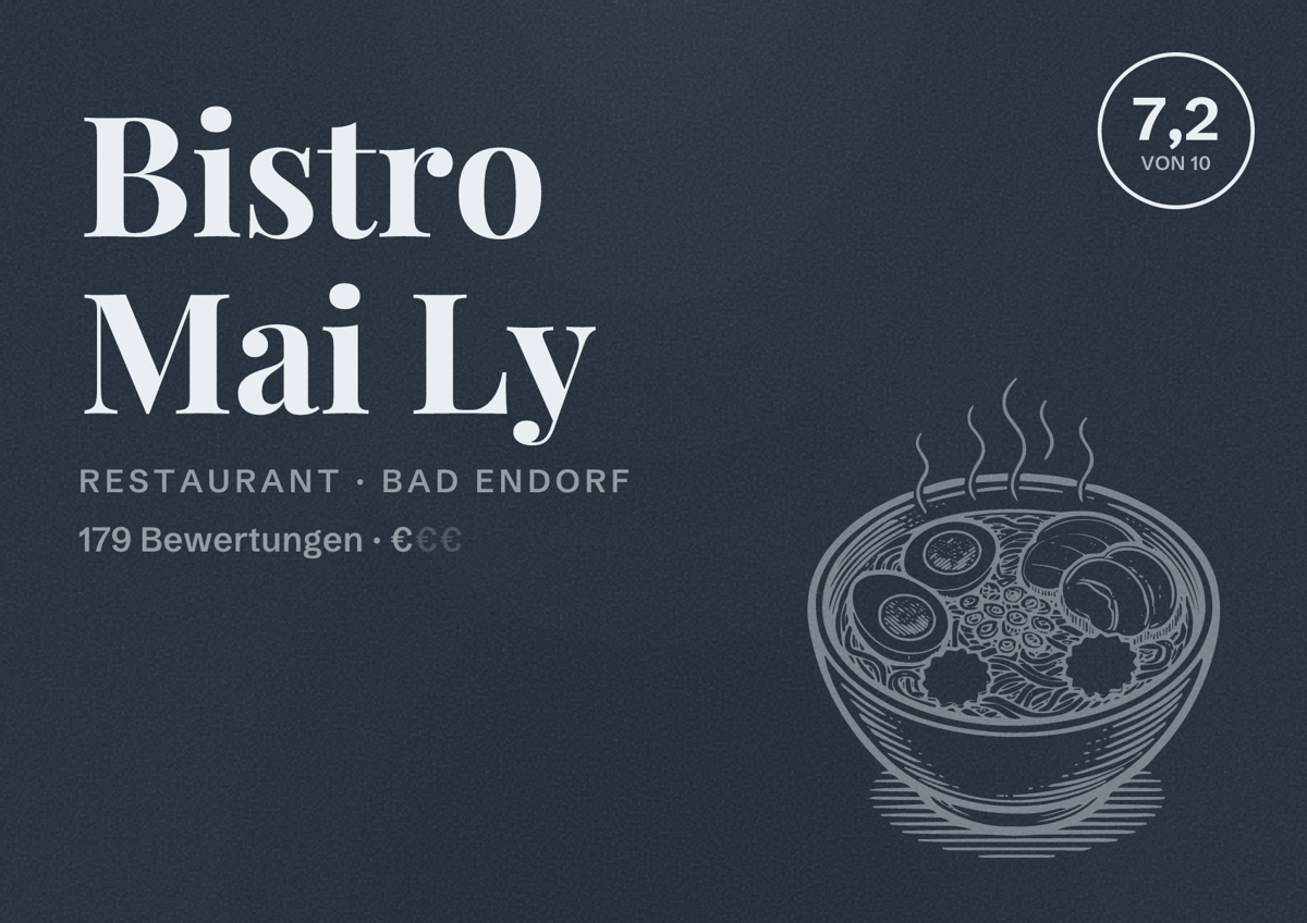 Illustriertes Poster von Bistro Mai Ly, Restaurant in Bad Endorf: Bewertung 7,2 von 10 aus 179 Bewertungen, Preisniveau €